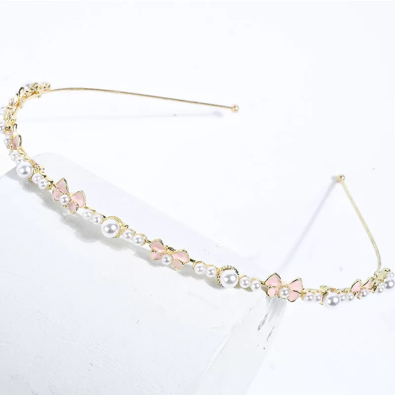 Metallic Bow with Pearl Headband for Women Girls-Gold
