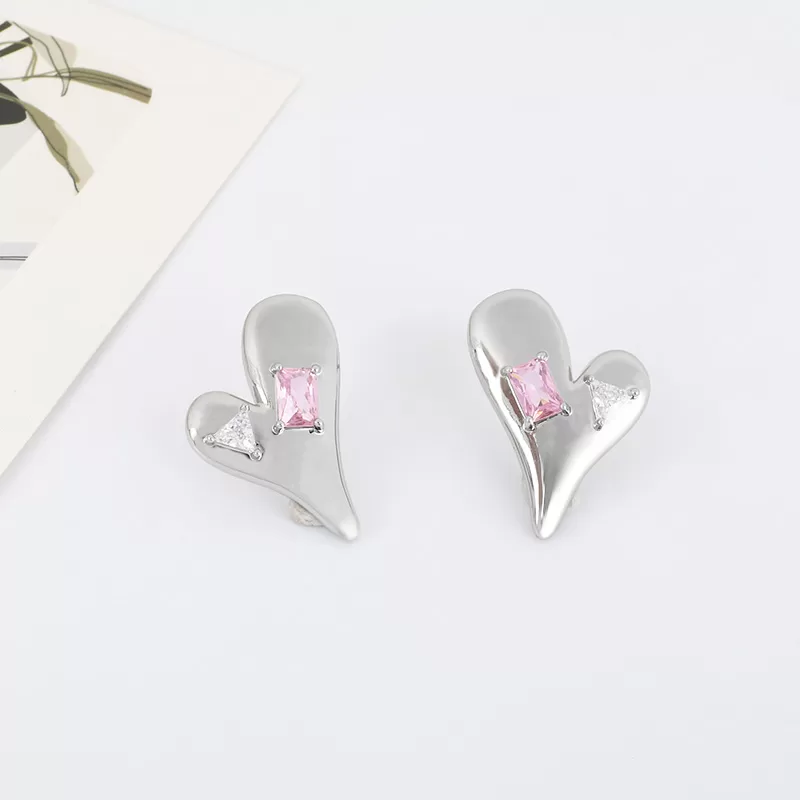 CZ Pink Heart Stud Earrings