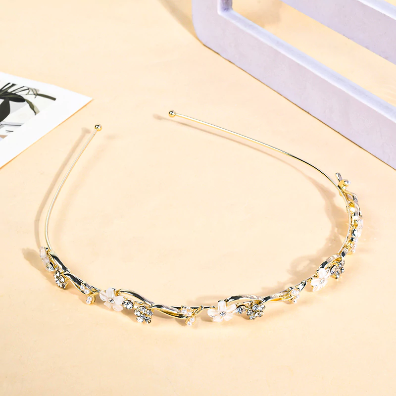 Glass Flower with Rhinestone Metal Hair Band - Gold
