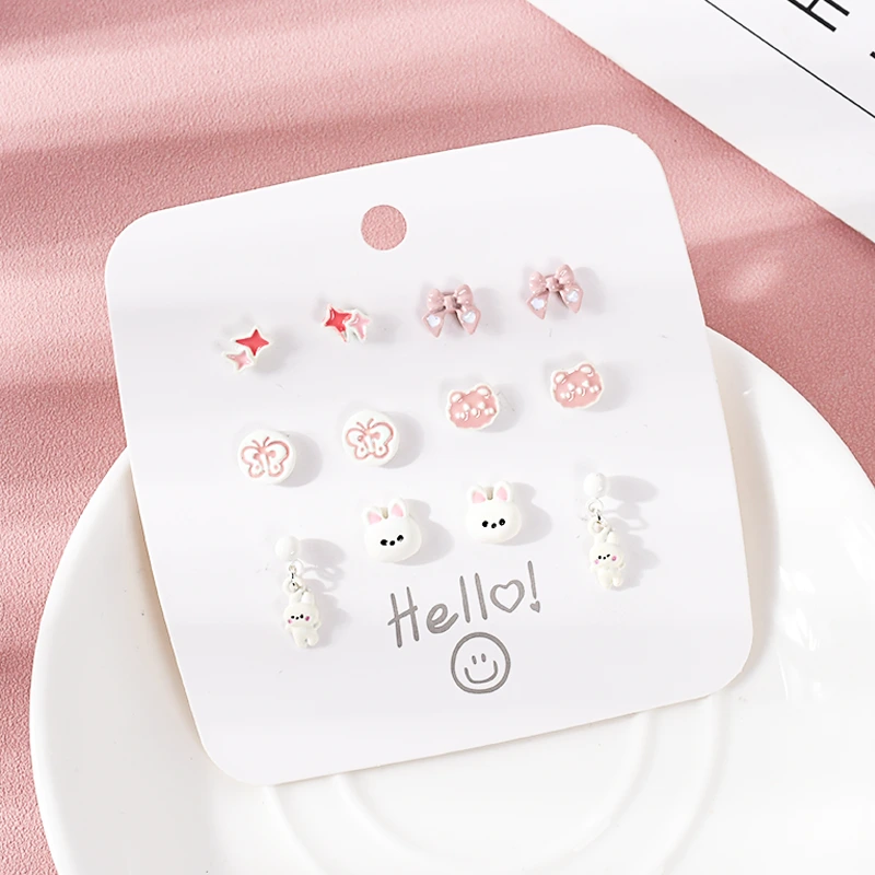 Cute Bunny Stud Earrings Set 6 Pairs