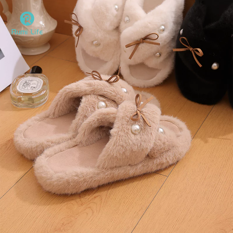 Cross Band Fuzzy Slippers for Women