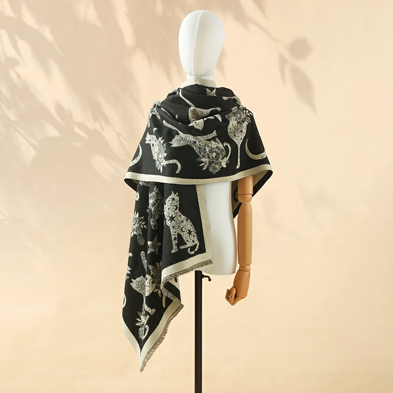 Cat Pattern Women's Scarf Large Shawls - Black