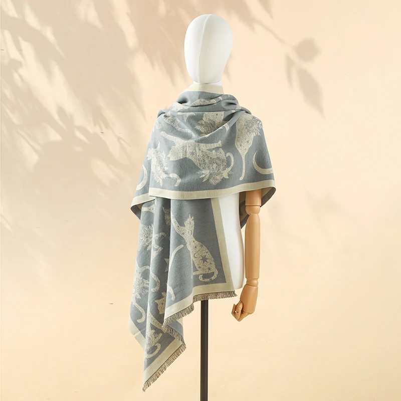 Cat Pattern Women's Scarf Large Shawls - Blue