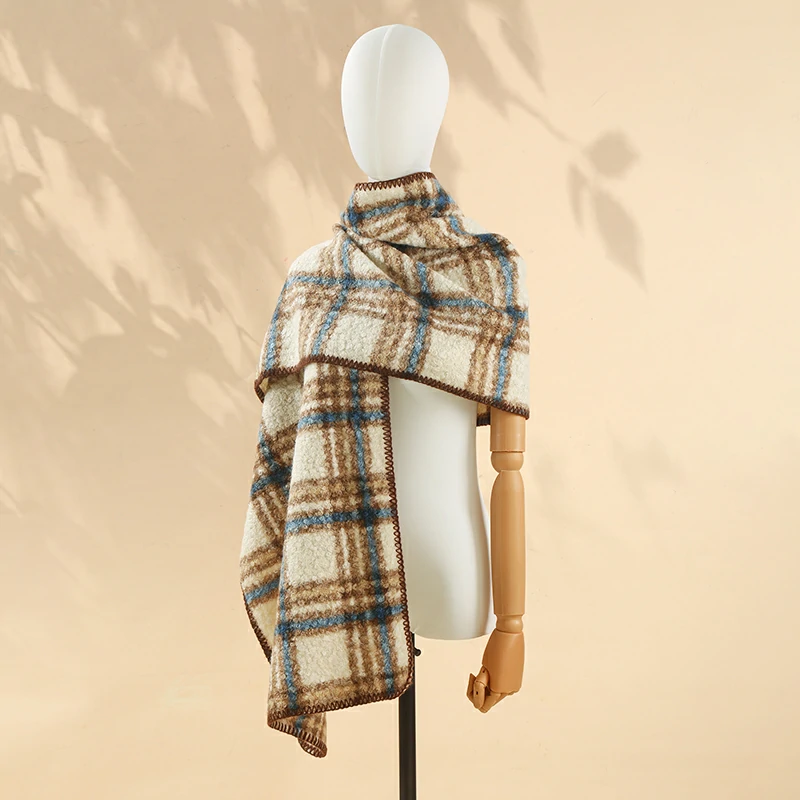 Plaid Women's Scarf with Wool Texture - Blue